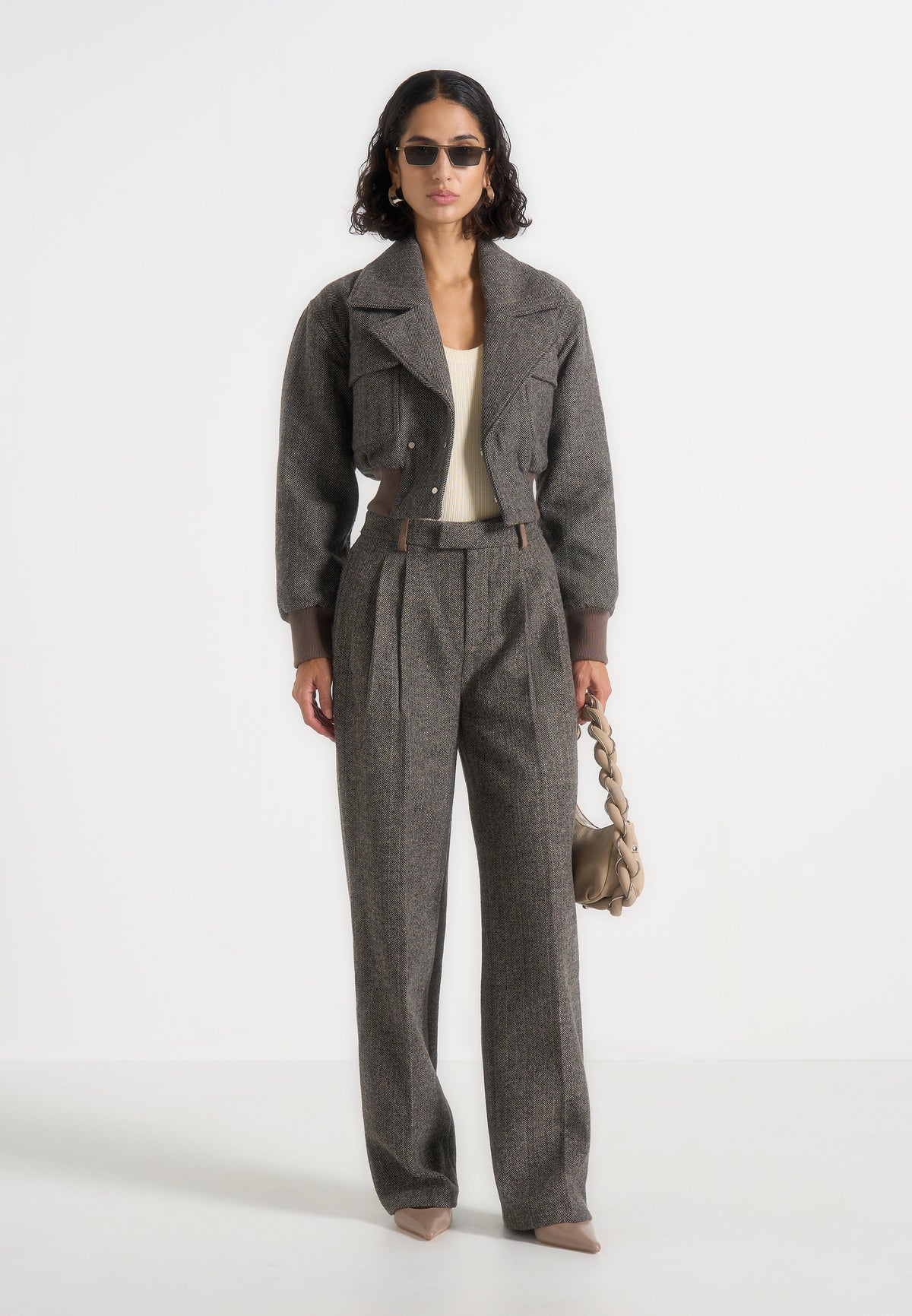 Cosette - Herringbone Wool Lapel Bomber Jacket - Grey