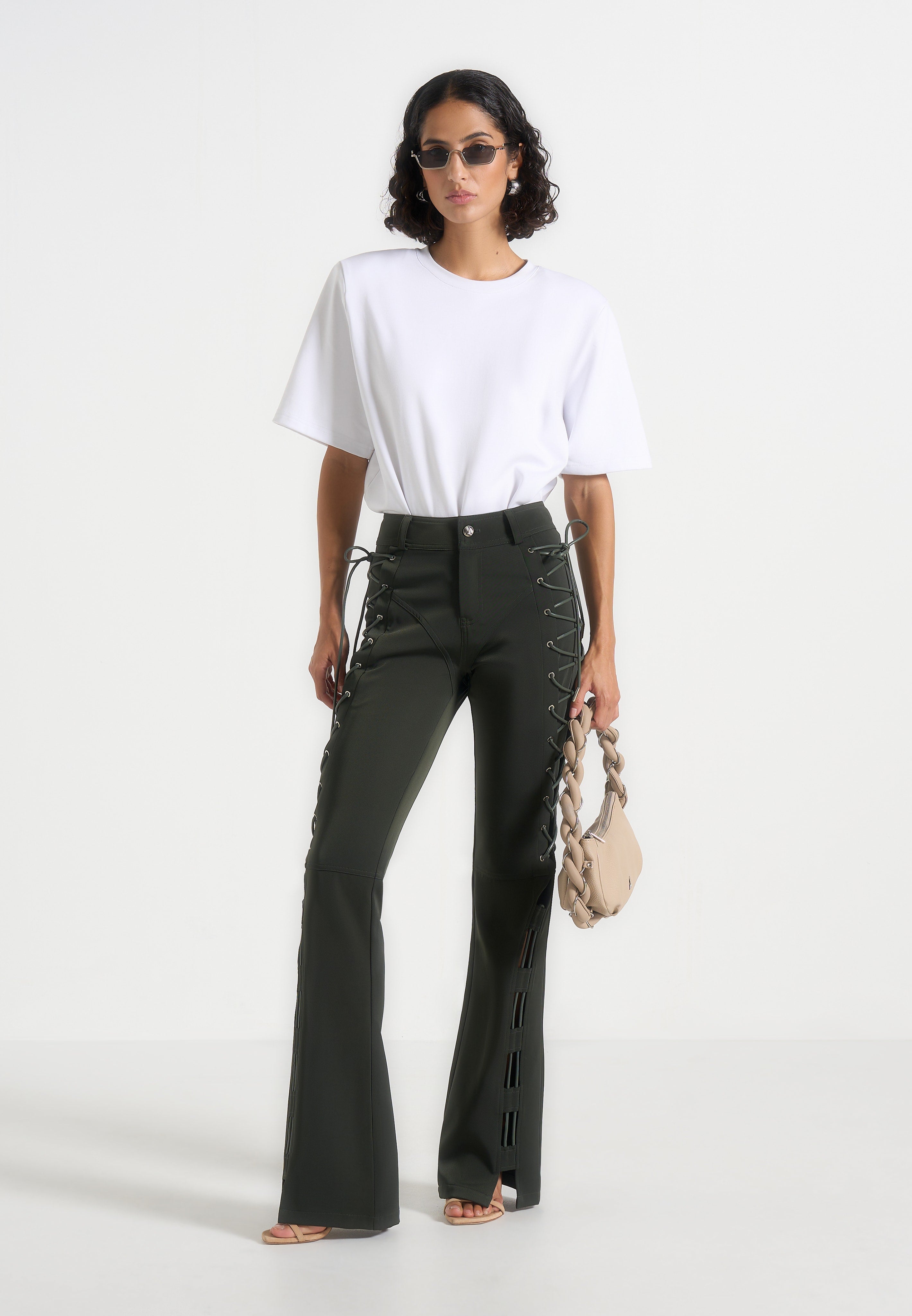 Ambre - Drill Lace Up Flared Pants - Olive