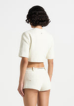 Alba - Tweed Mock Neck Curve Detailing Top - Cream