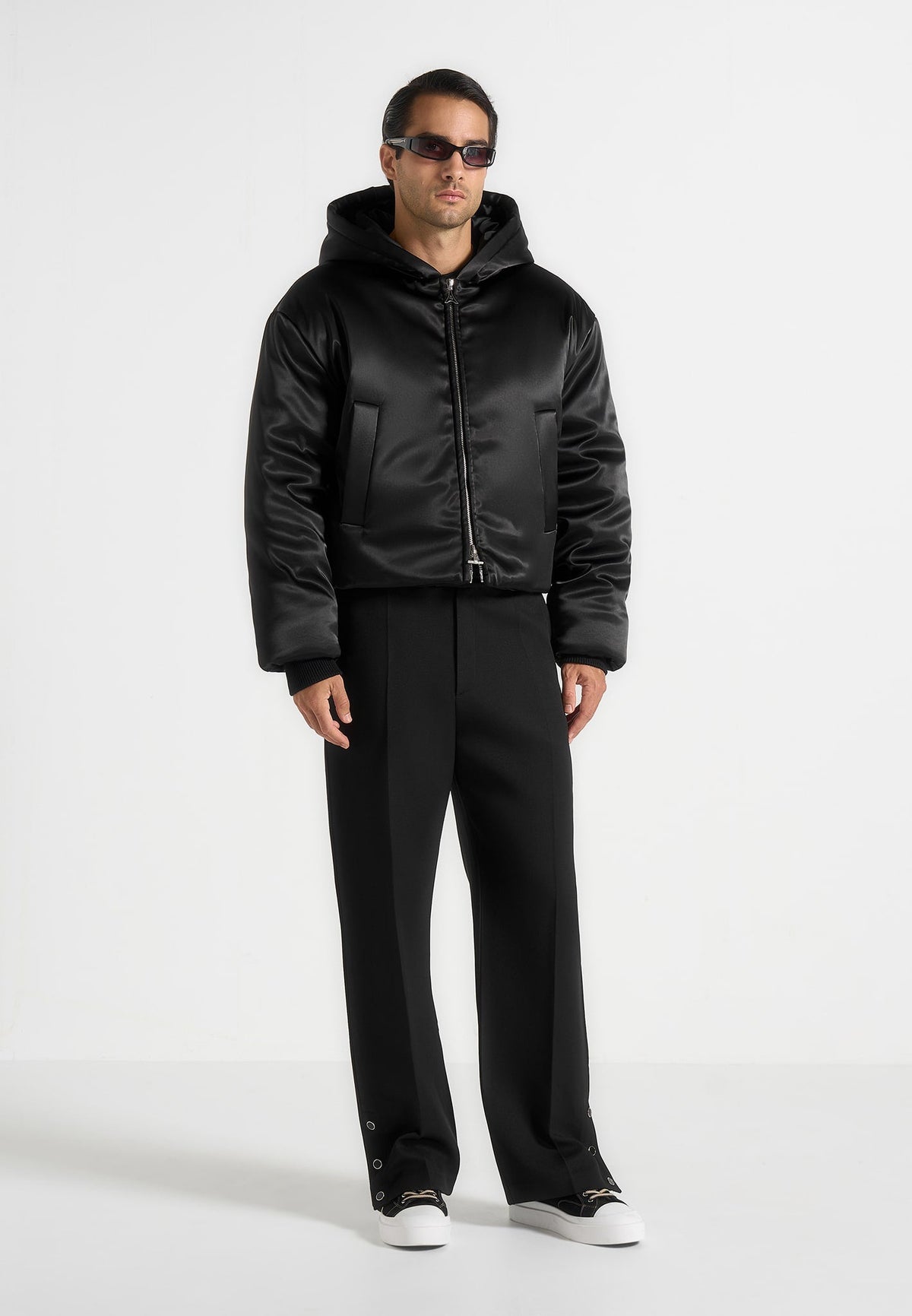 Dario - Satin Cropped Hooded Jacket - Black