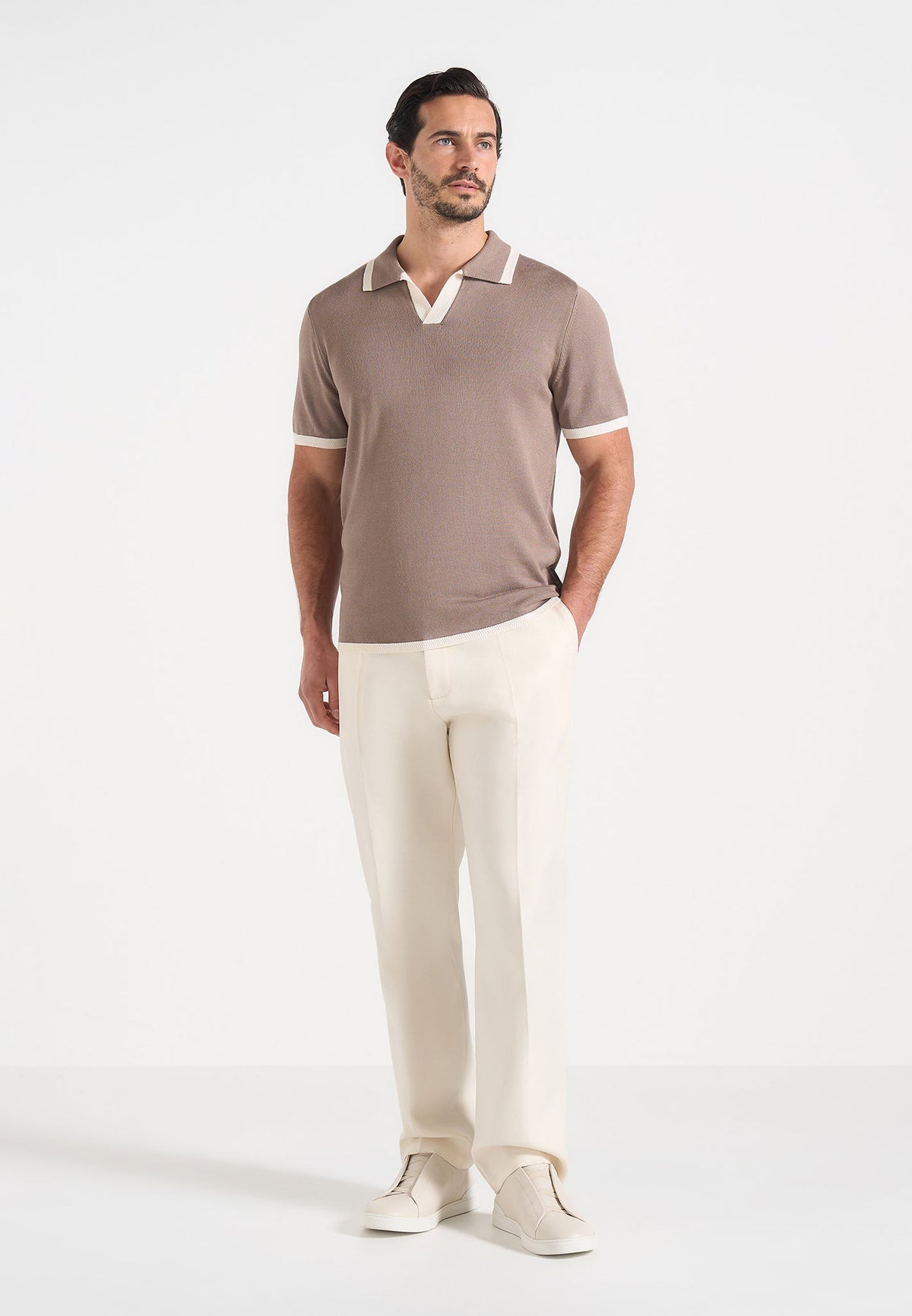 Lambert - Contrast Detail Knit Polo Shirt - Mushroom