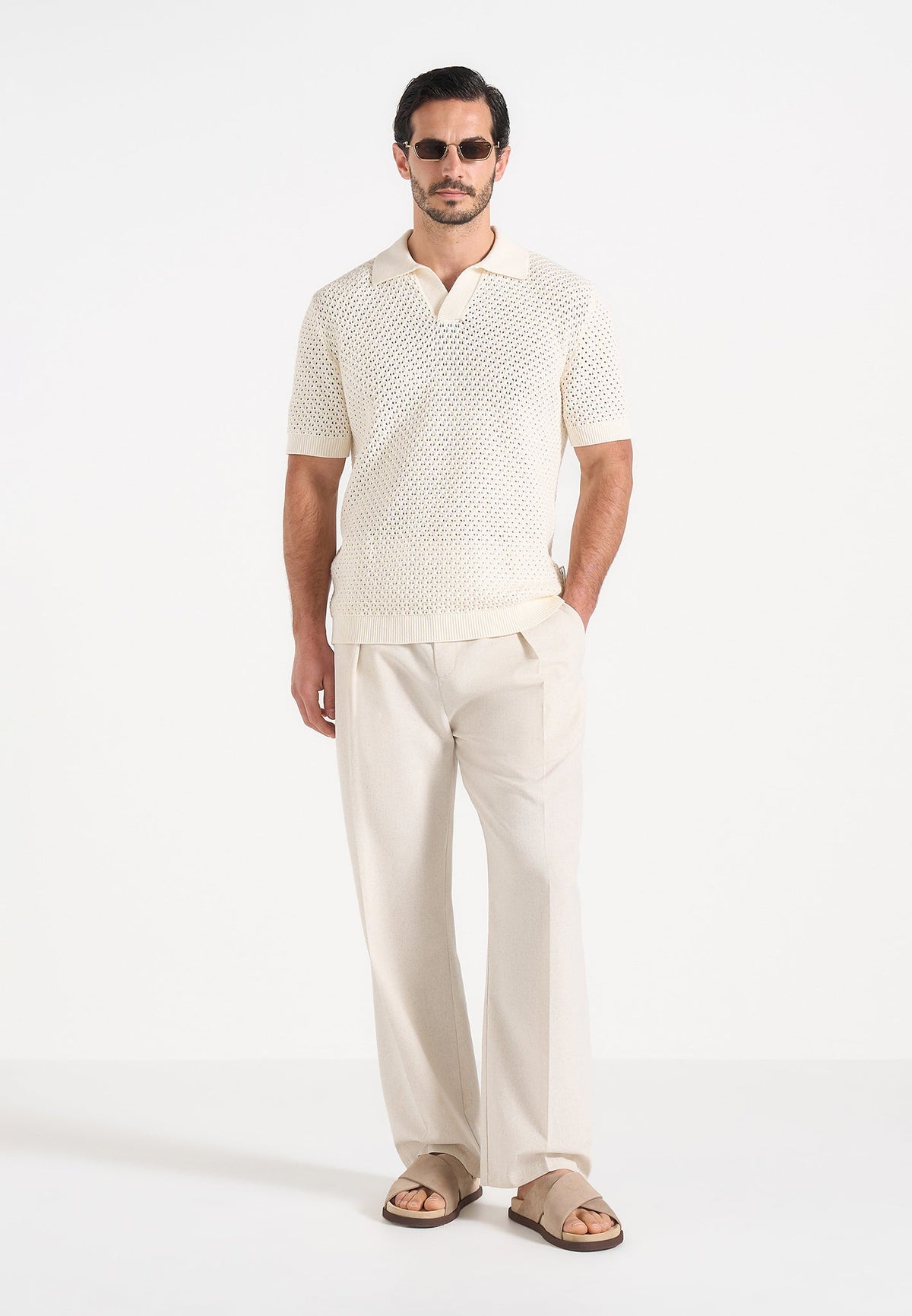Conrad - Open Knit Polo Shirt - Cream