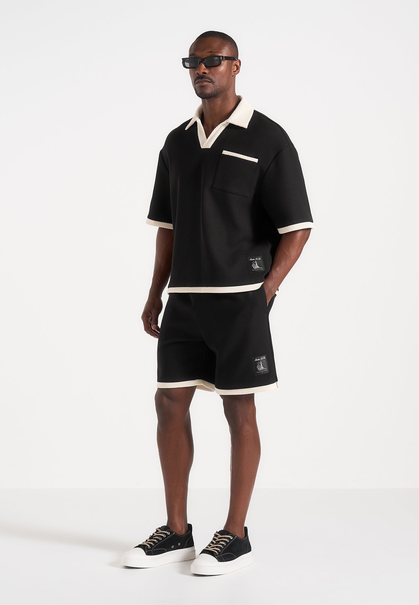 Brice - Boxy Crochet Detail Polo Shirt - Black