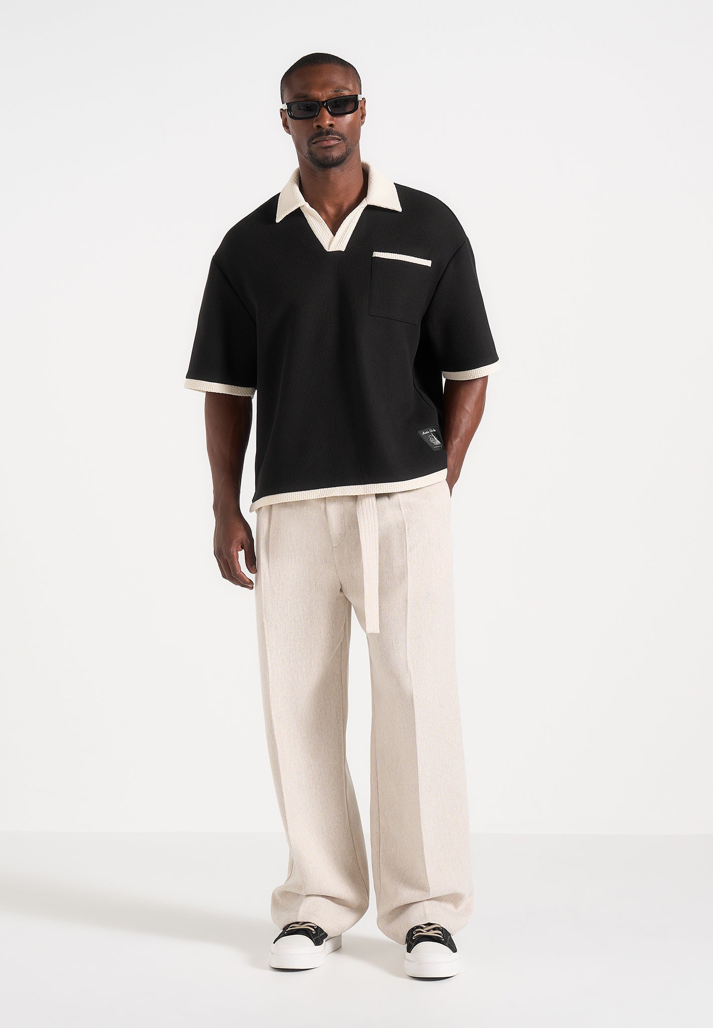 Brice - Boxy Crochet Detail Polo Shirt - Black