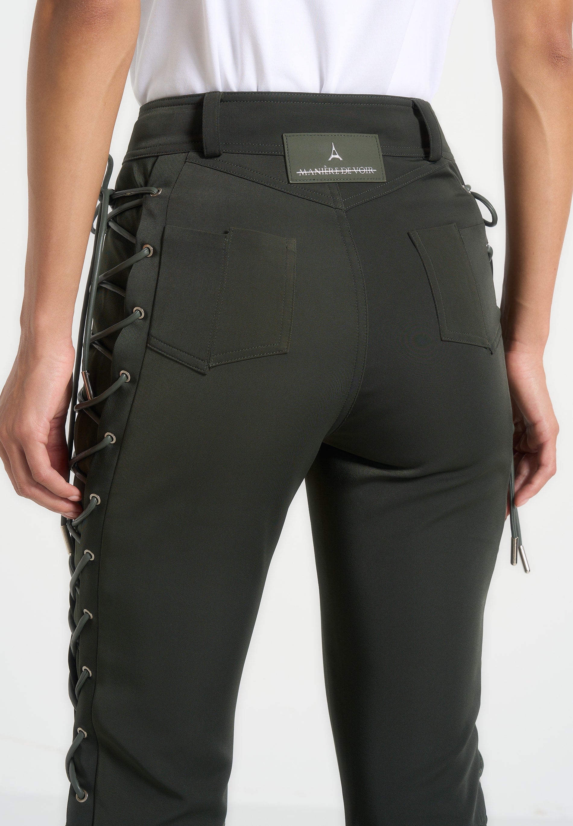 Ambre - Drill Lace Up Flared Pants - Olive