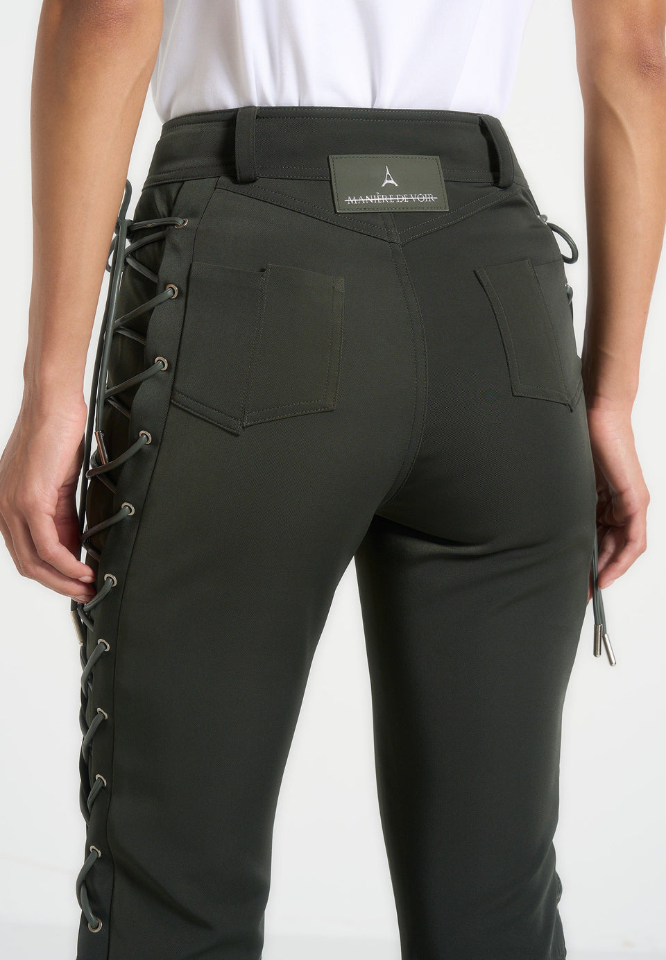 Ambre - Drill Lace Up Flared Pants - Olive