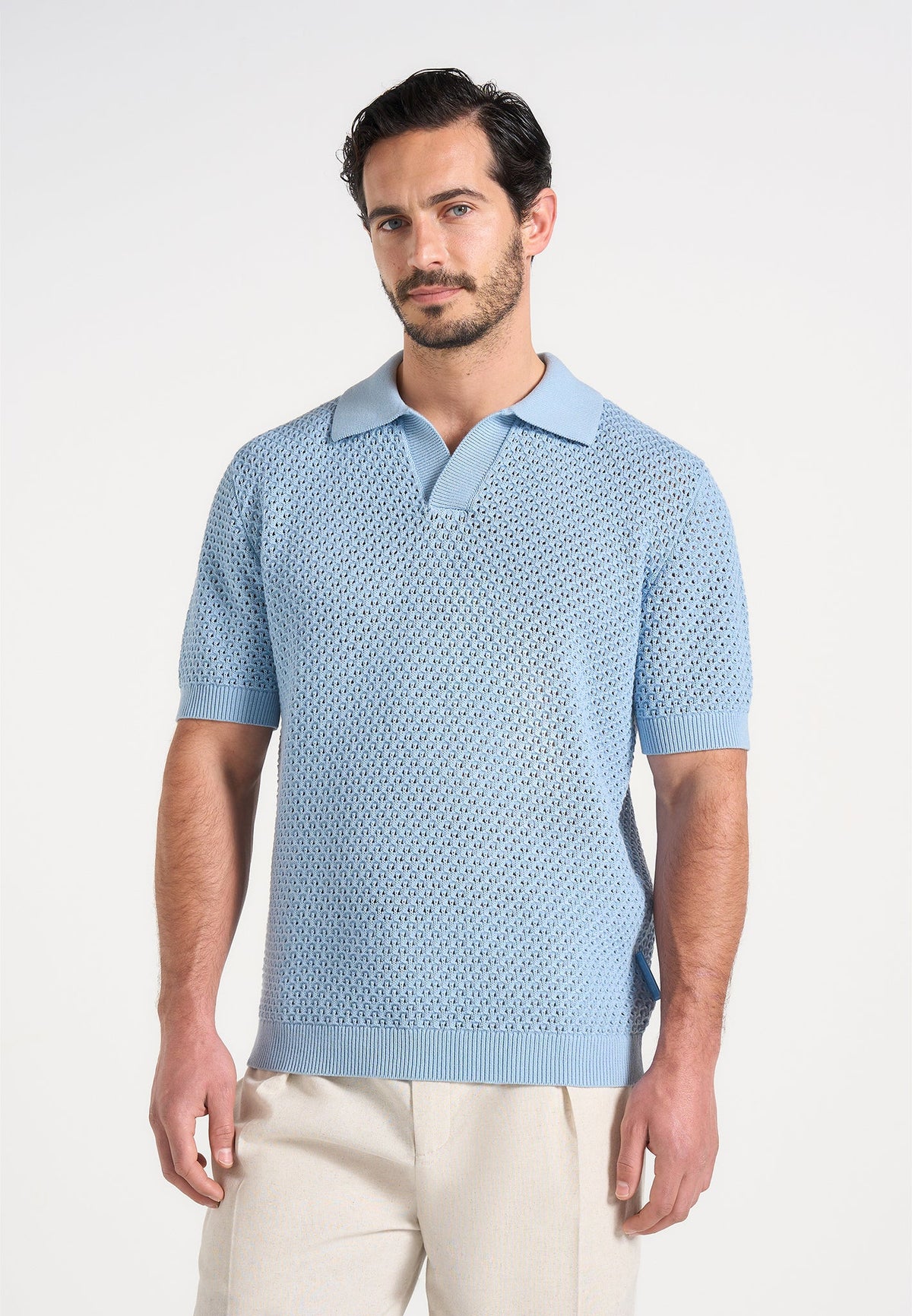 Conrad - Open Knit Polo Shirt - Pale Blue