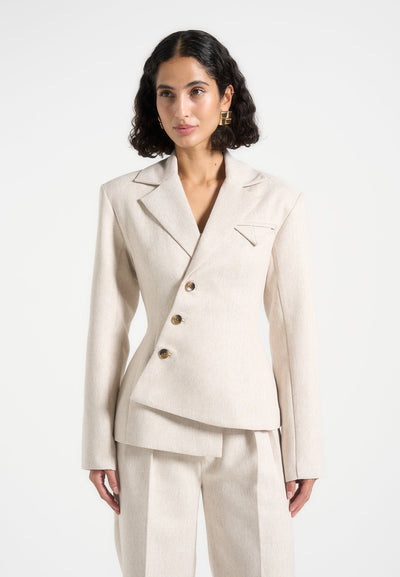 Thalia - Tailored Asymmetric Double Breasted Blazer - Light Beige