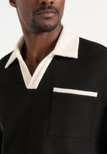 Brice - Boxy Crochet Detail Polo Shirt - Black