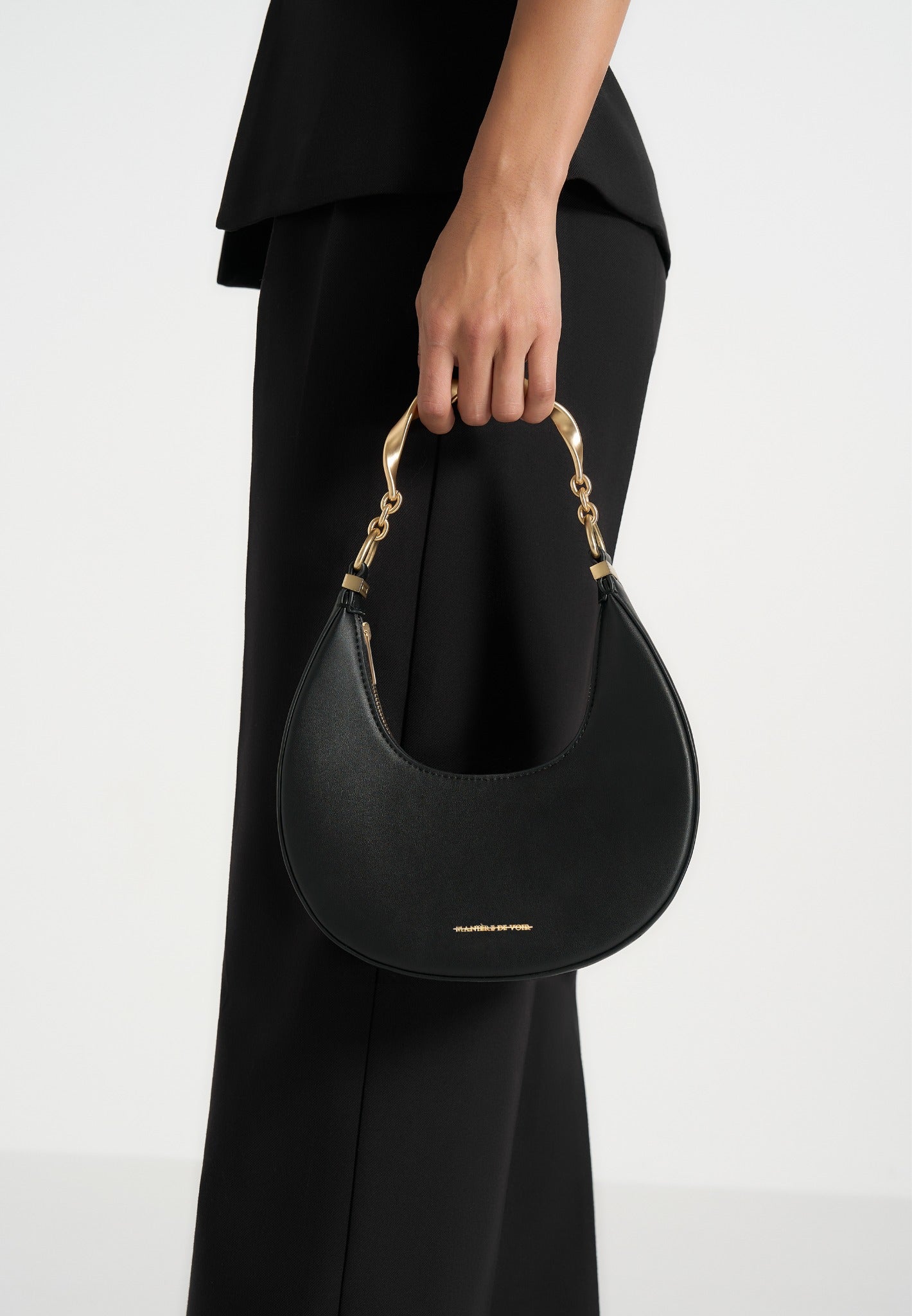 Sadie - Sculpted Leather Crescent Bag - Black