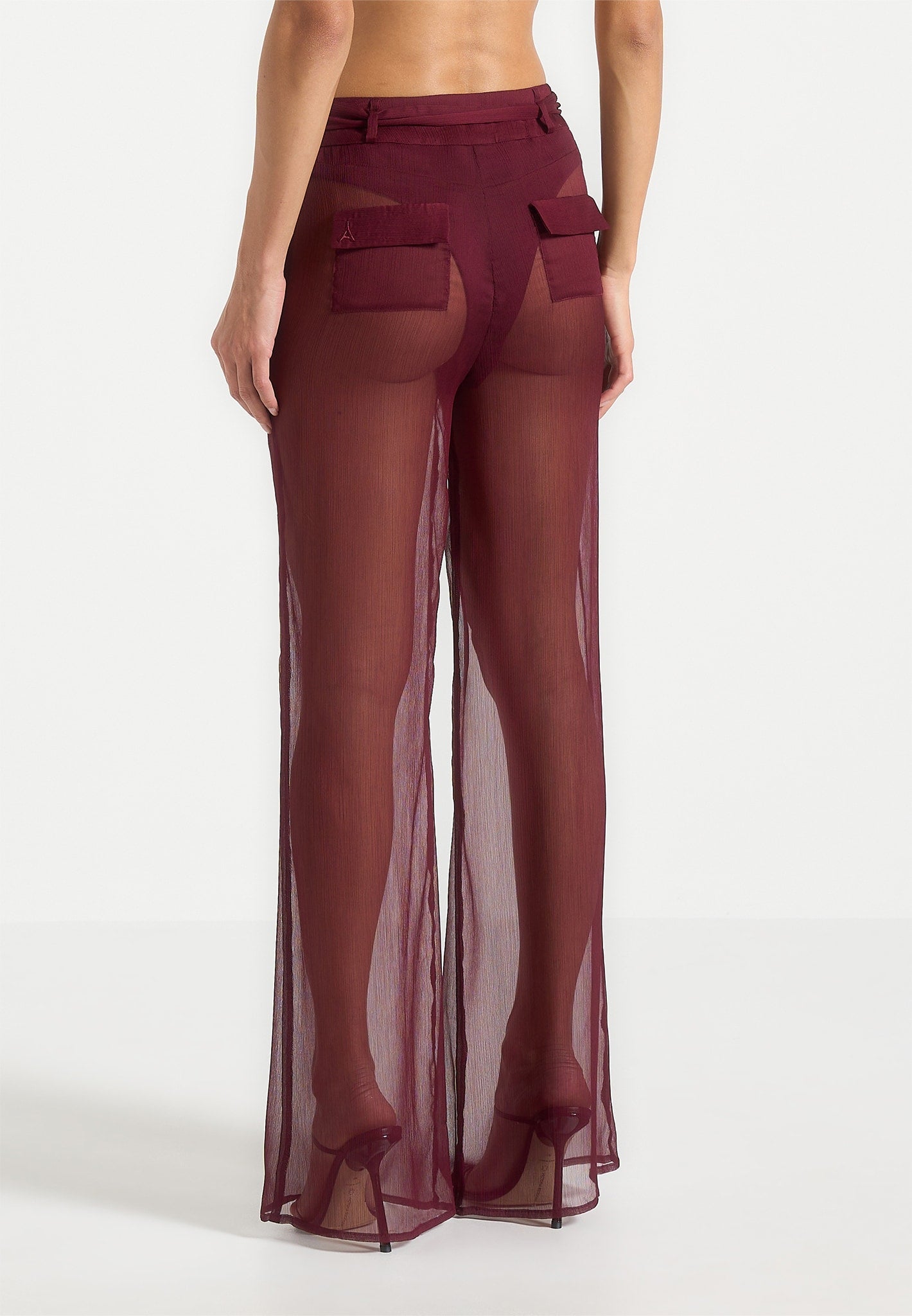Sheer Belted Trousers - Wine Red