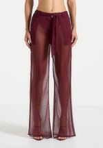 Sheer Belted Trousers - Wine Red