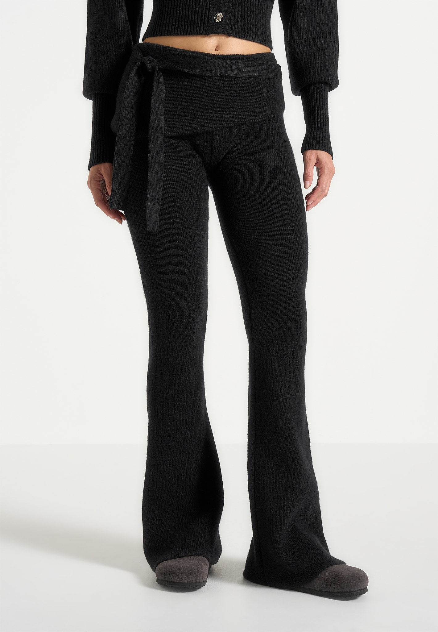Knitted Fit & Flare Leggings with Belt - Black 
