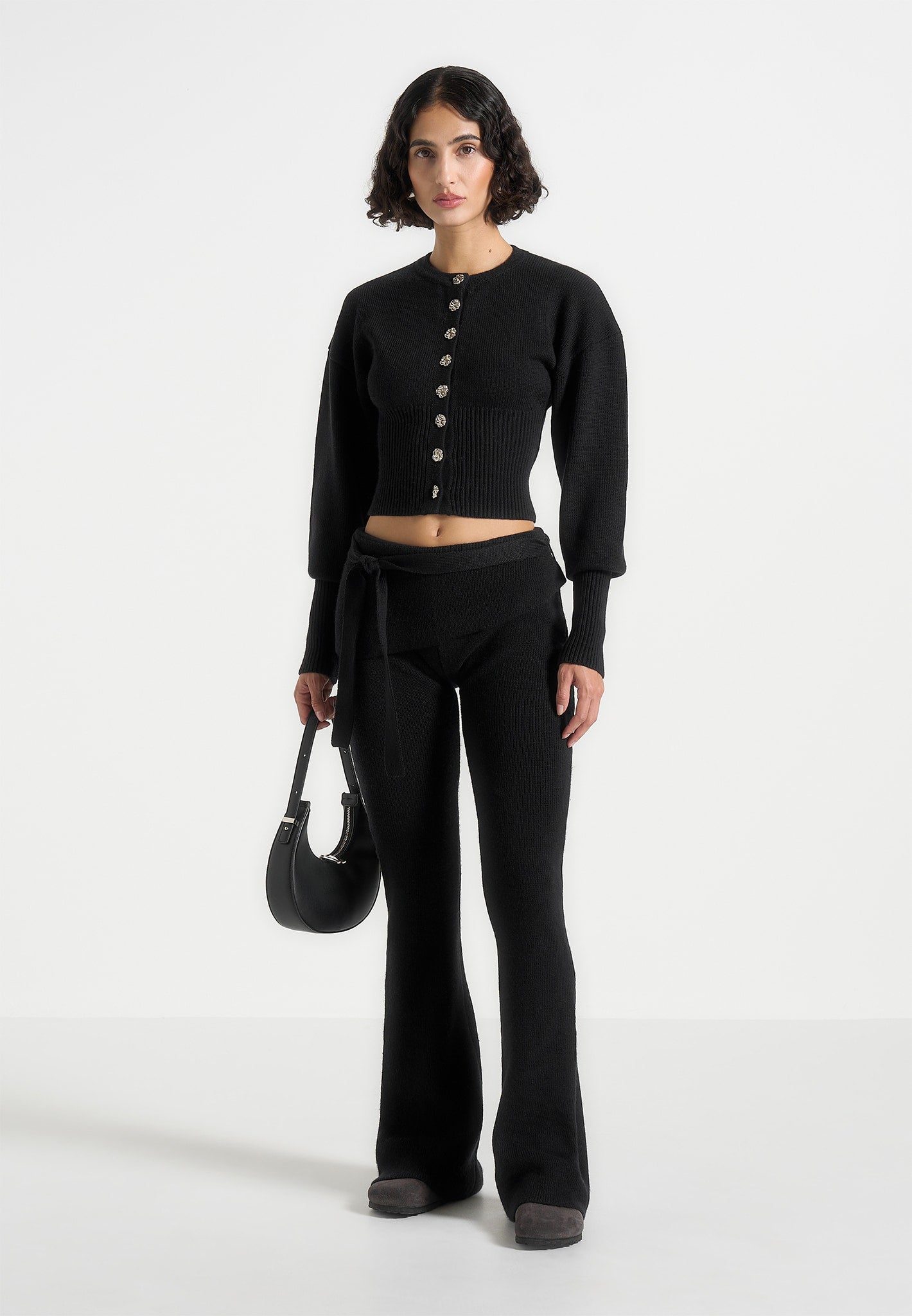 Knitted Fit & Flare Leggings with Belt - Black 