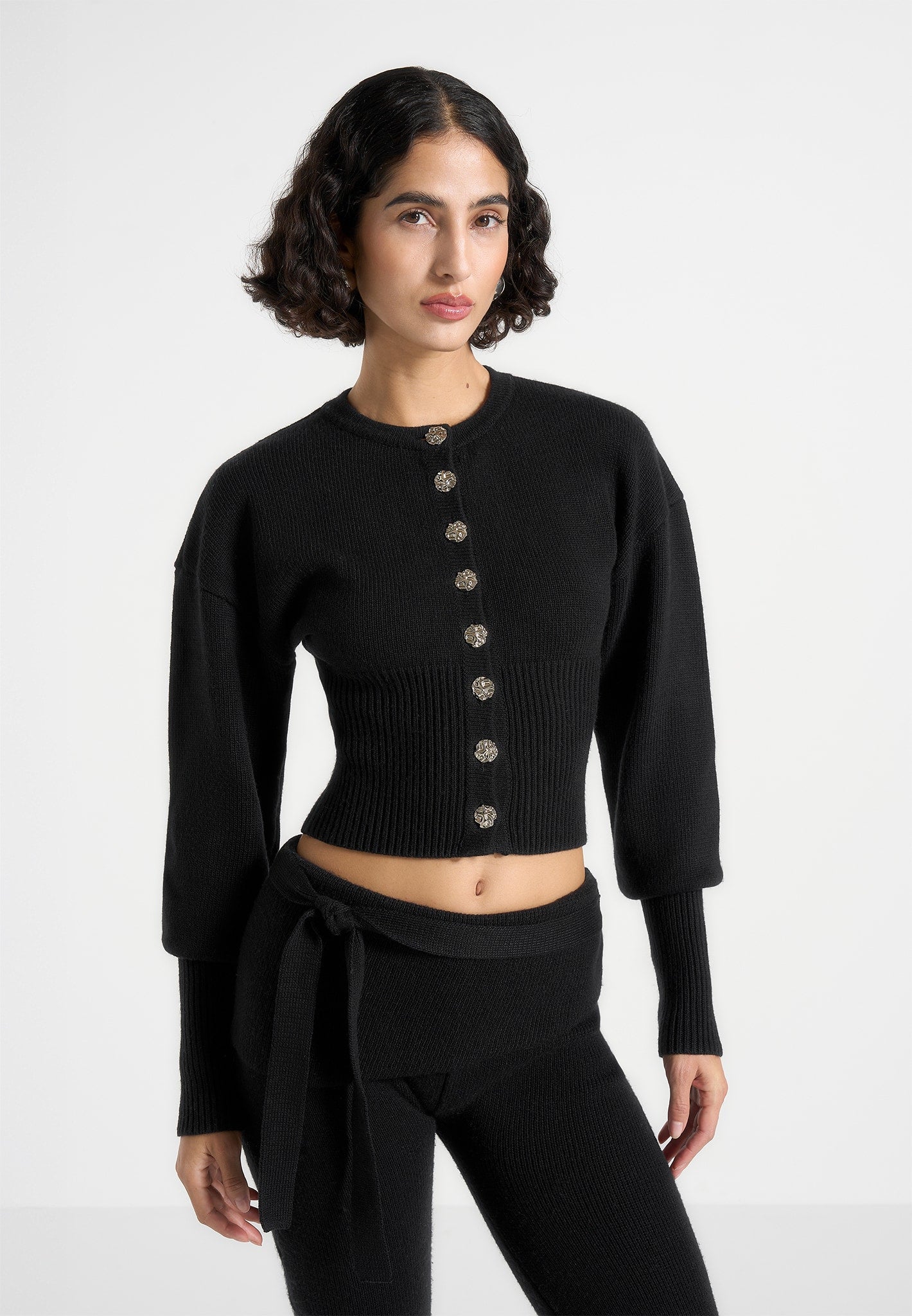 Knitted Cinch Waist Cardigan - Black 