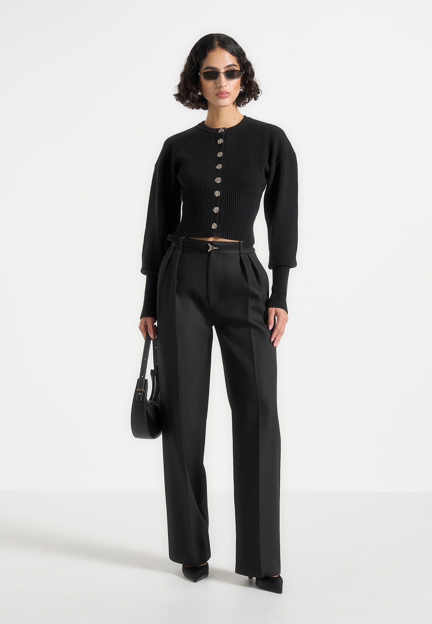 Knitted Cinch Waist Cardigan - Black 