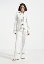 Mina - Contrast Piped Pleated Trousers - White/Black