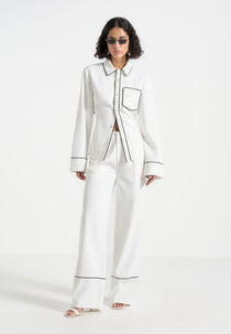 Mina - Contrast Piped Pleated Pants - White/Black