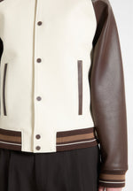 Contrast Leather Bomber Jacket - Cream/Brown