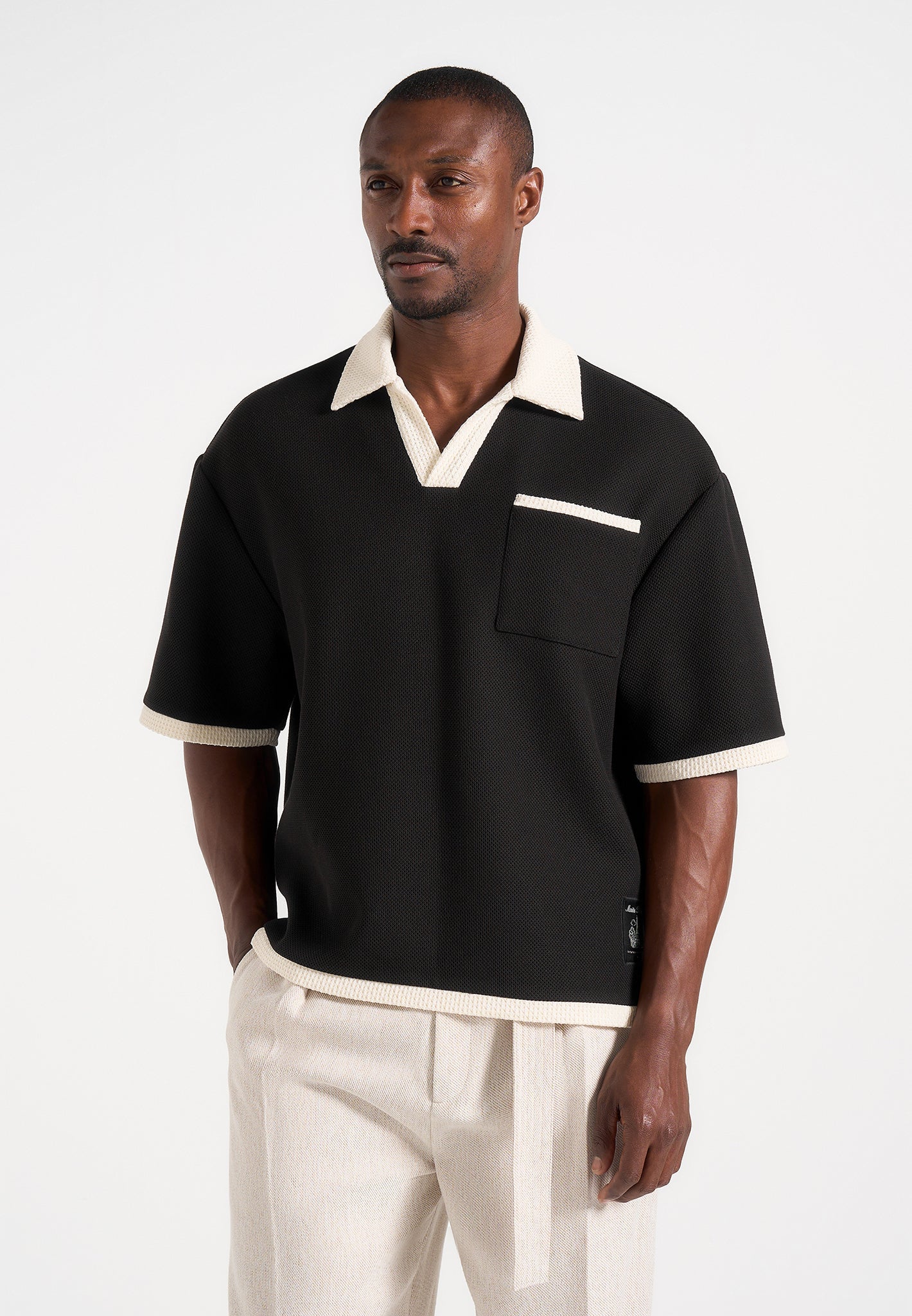 Brice - Boxy Crochet Detail Polo Shirt - Black