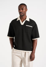 Brice - Boxy Crochet Detail Polo Shirt - Black