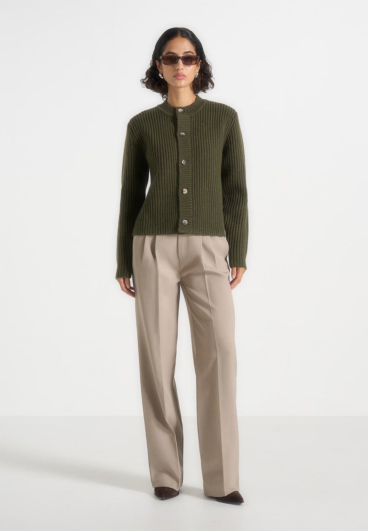 Alix - Unisex Crewneck Ribbed Knit Cardigan - Olive
