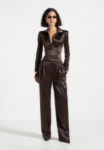 Julie - Satin Tailored Twin Pleat Pants - Brown