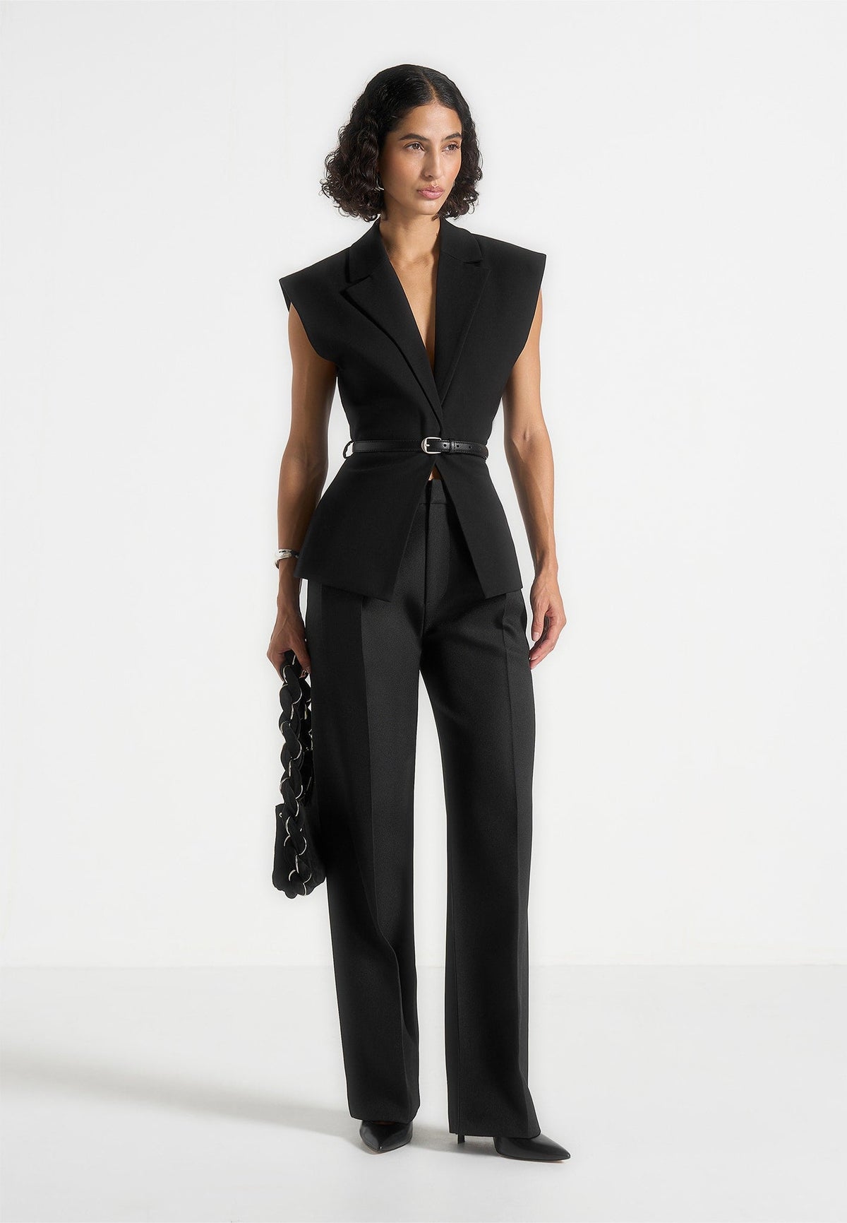 Linda - Tailored Wide Shoulder Cinched Vest - Black