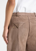 Solene - Suede Wide Leg Pleated Trousers - Taupe