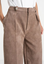 Solene - Suede Wide Leg Pleated Trousers - Taupe