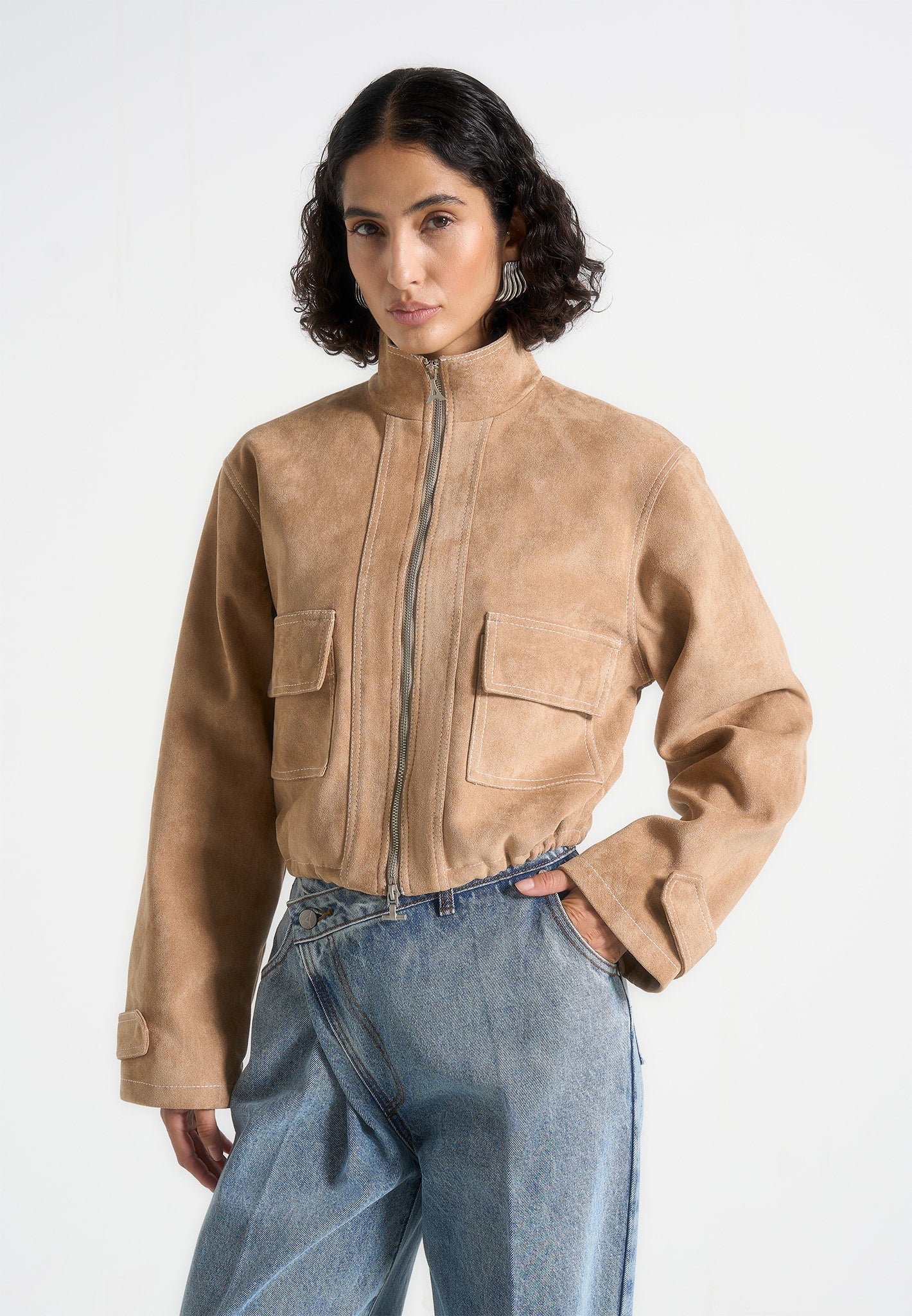 nawel-suede-contrast-stitch-jacket-with-cinched-hem-beige 