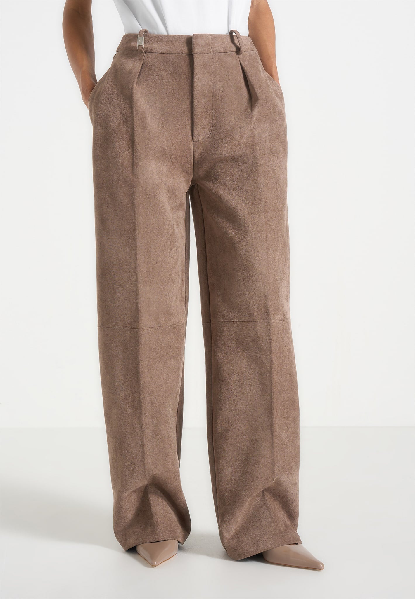 Solene - Suede Wide Leg Pleated Trousers - Taupe 