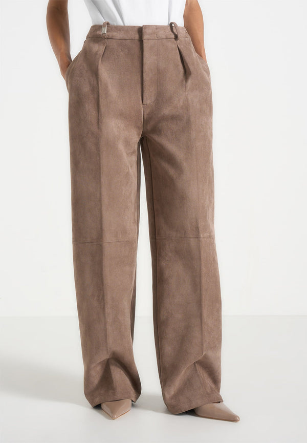 Solene - Suede Wide Leg Pleated Trousers - Taupe