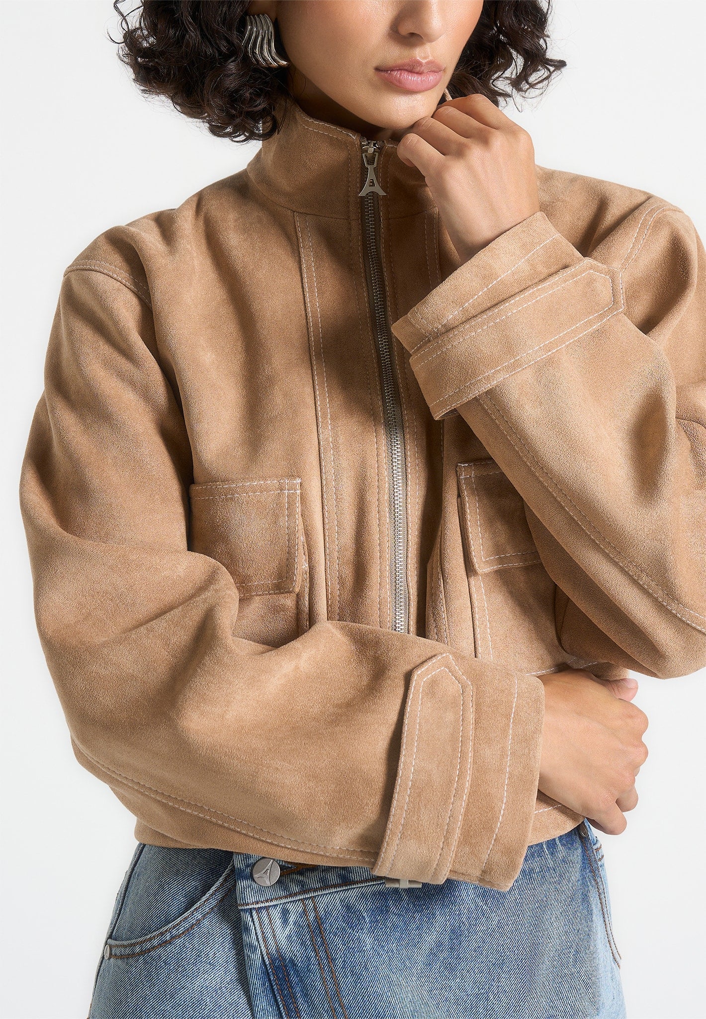 nawel-suede-contrast-stitch-jacket-with-cinched-hem-beige