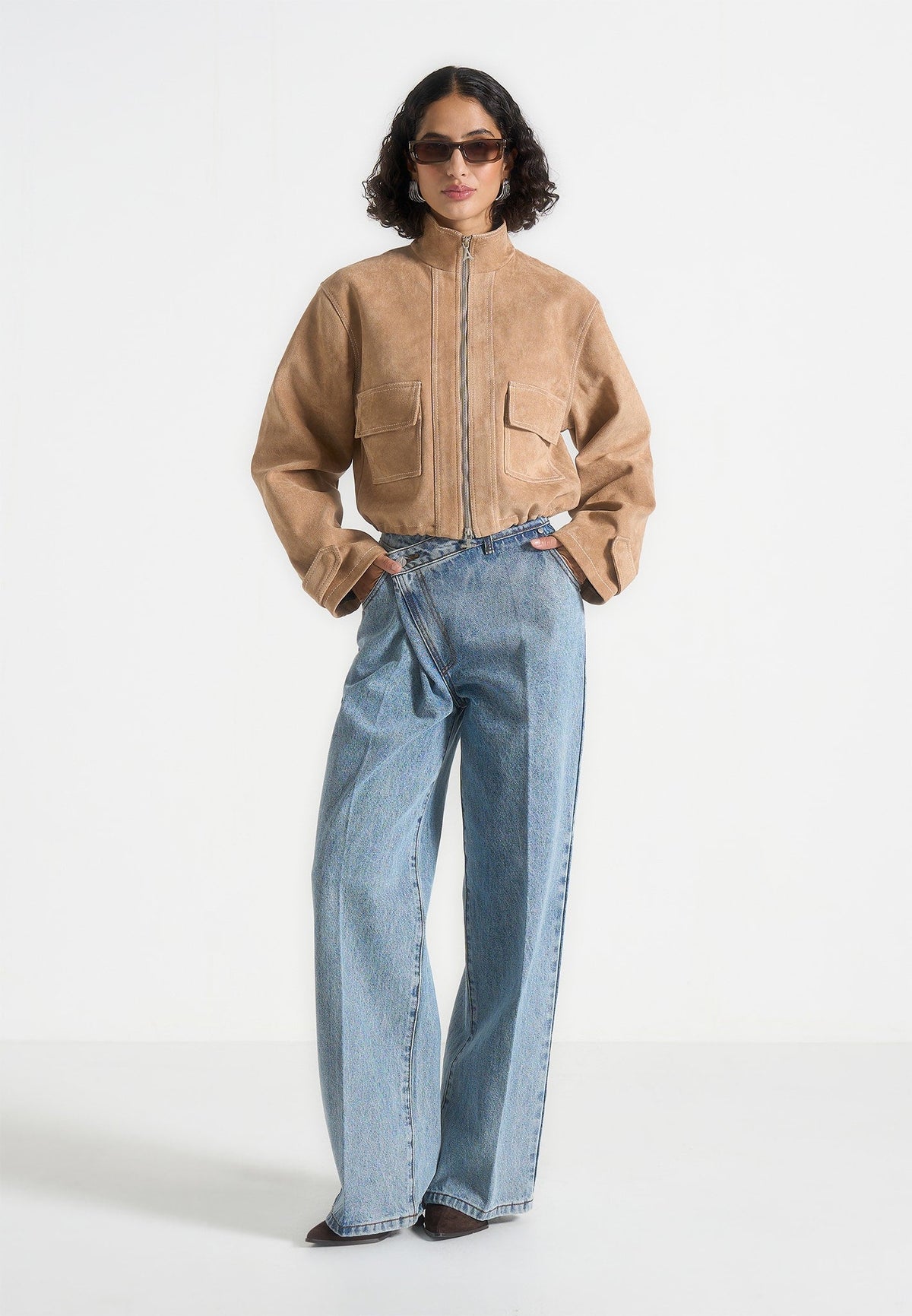 Nawel - Suede Contrast Stitch Jacket With Cinched Hem - Beige