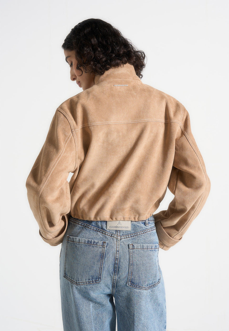 nawel-suede-contrast-stitch-jacket-with-cinched-hem-beige