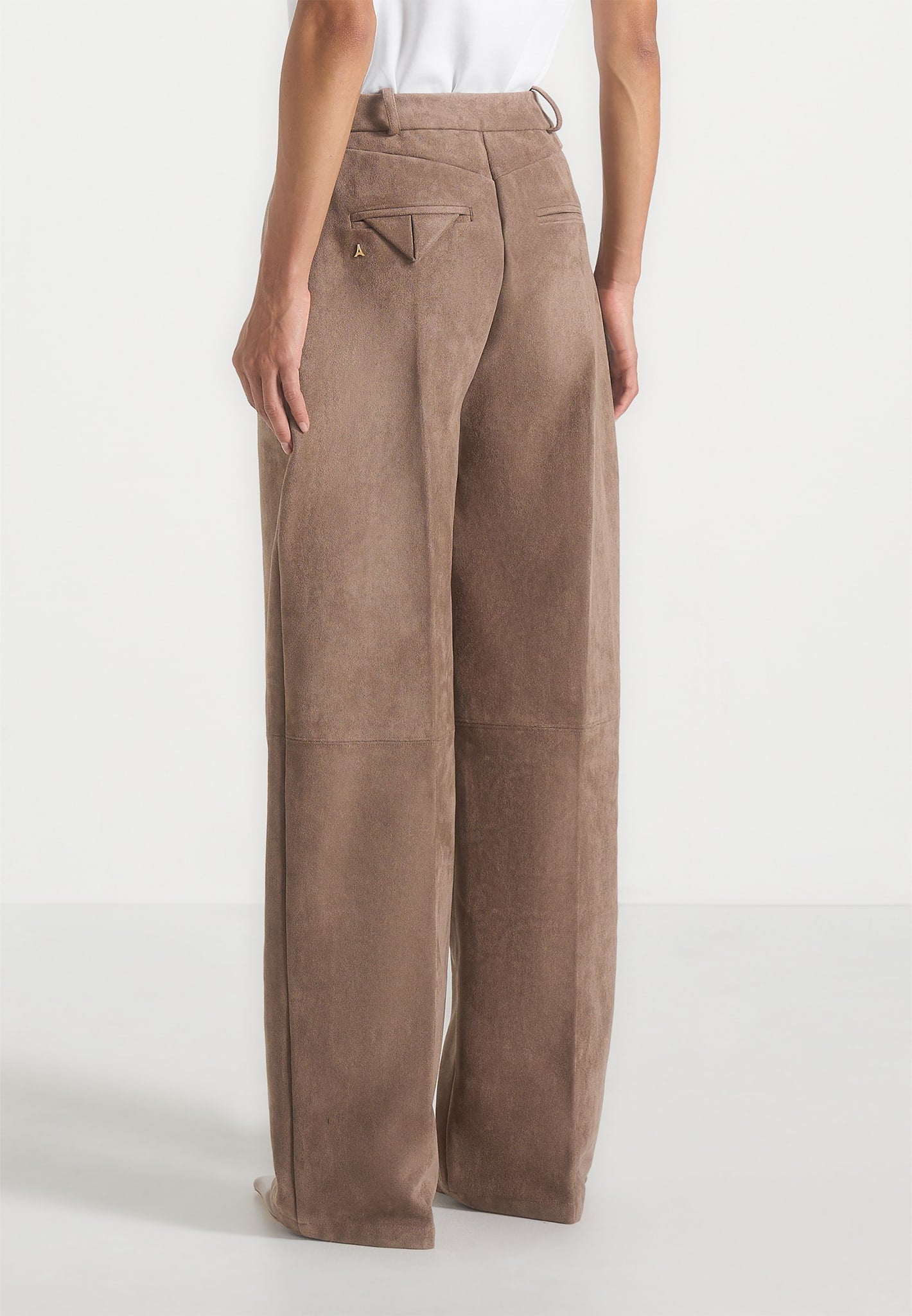 Solene - Suede Wide Leg Pleated Trousers - Taupe