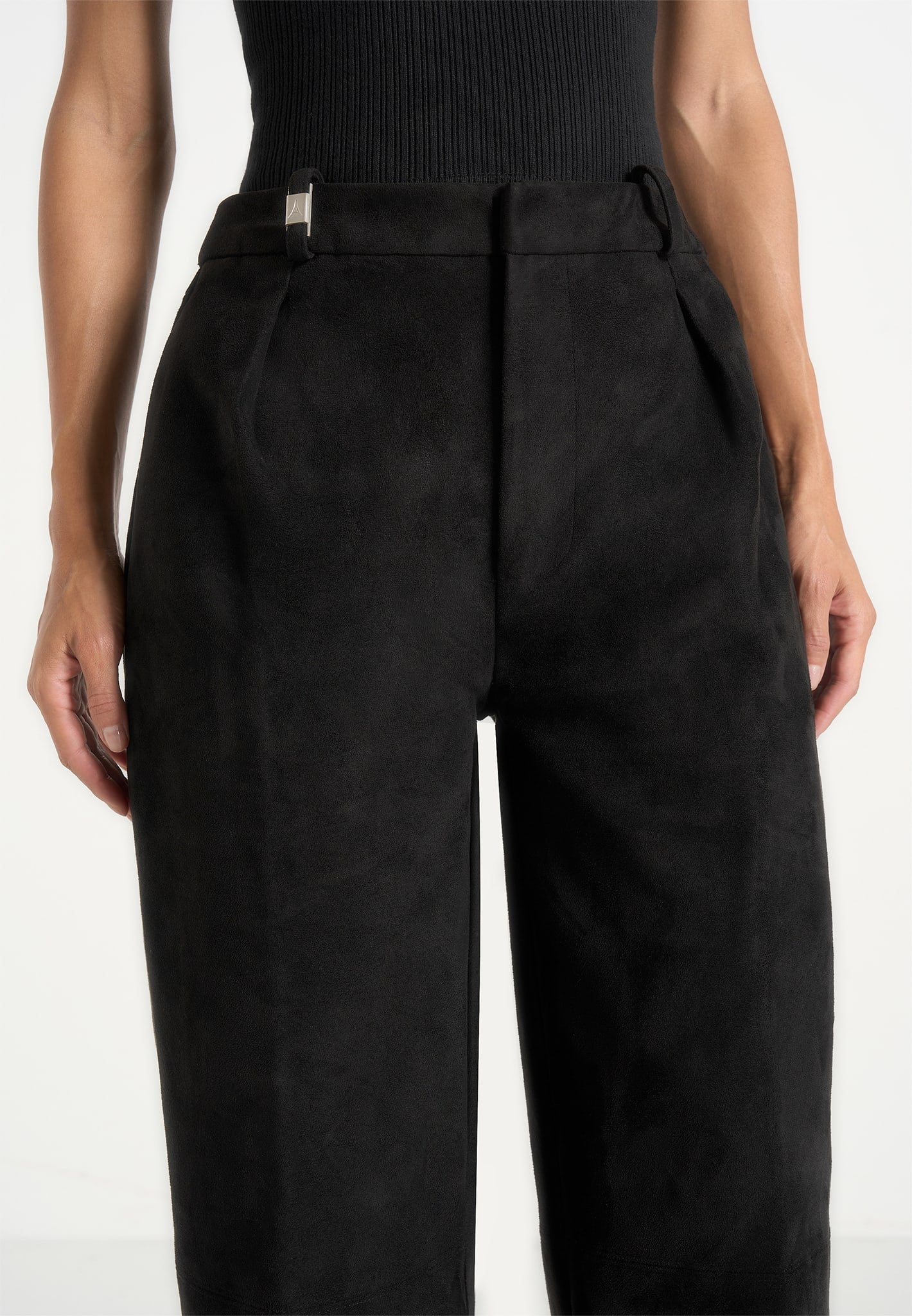 Solene - Suede Wide Leg Pleated Trousers - Black