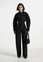 Solene - Suede Wide Leg Pleated Trousers - Black