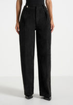 Solene - Suede Wide Leg Pleated Trousers - Black