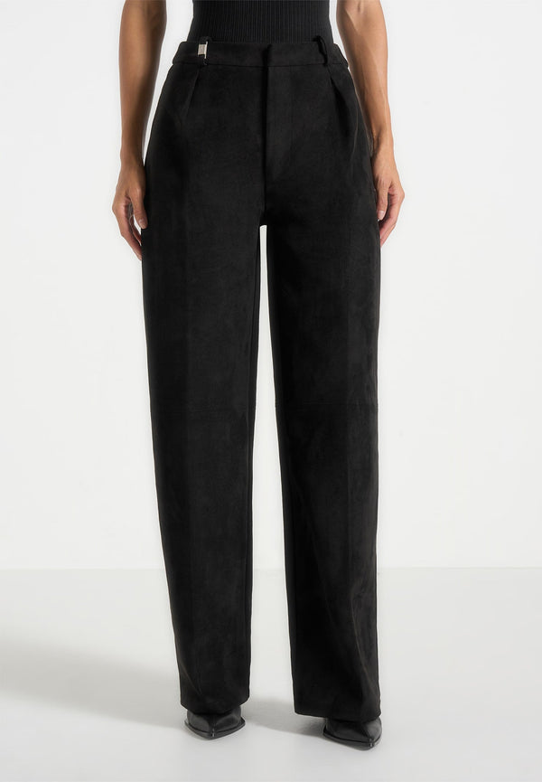 Solene - Suede Wide Leg Pleated Trousers - Black
