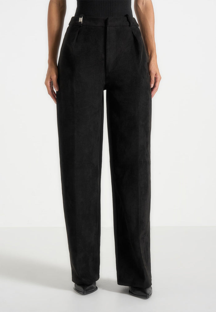 Solene - Suede Wide Leg Pleated Trousers - Black