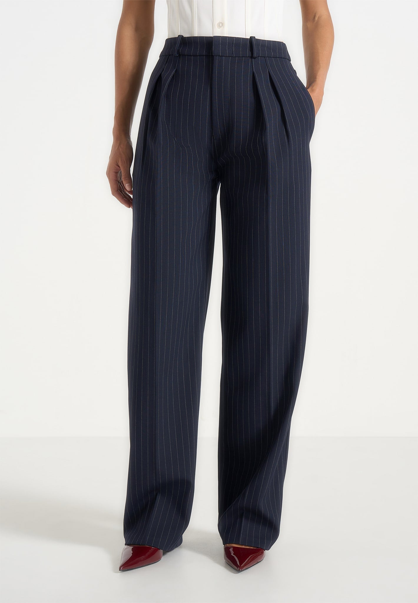 Julie - Pinstripe Twin Pleat Tailored Trousers - Navy 