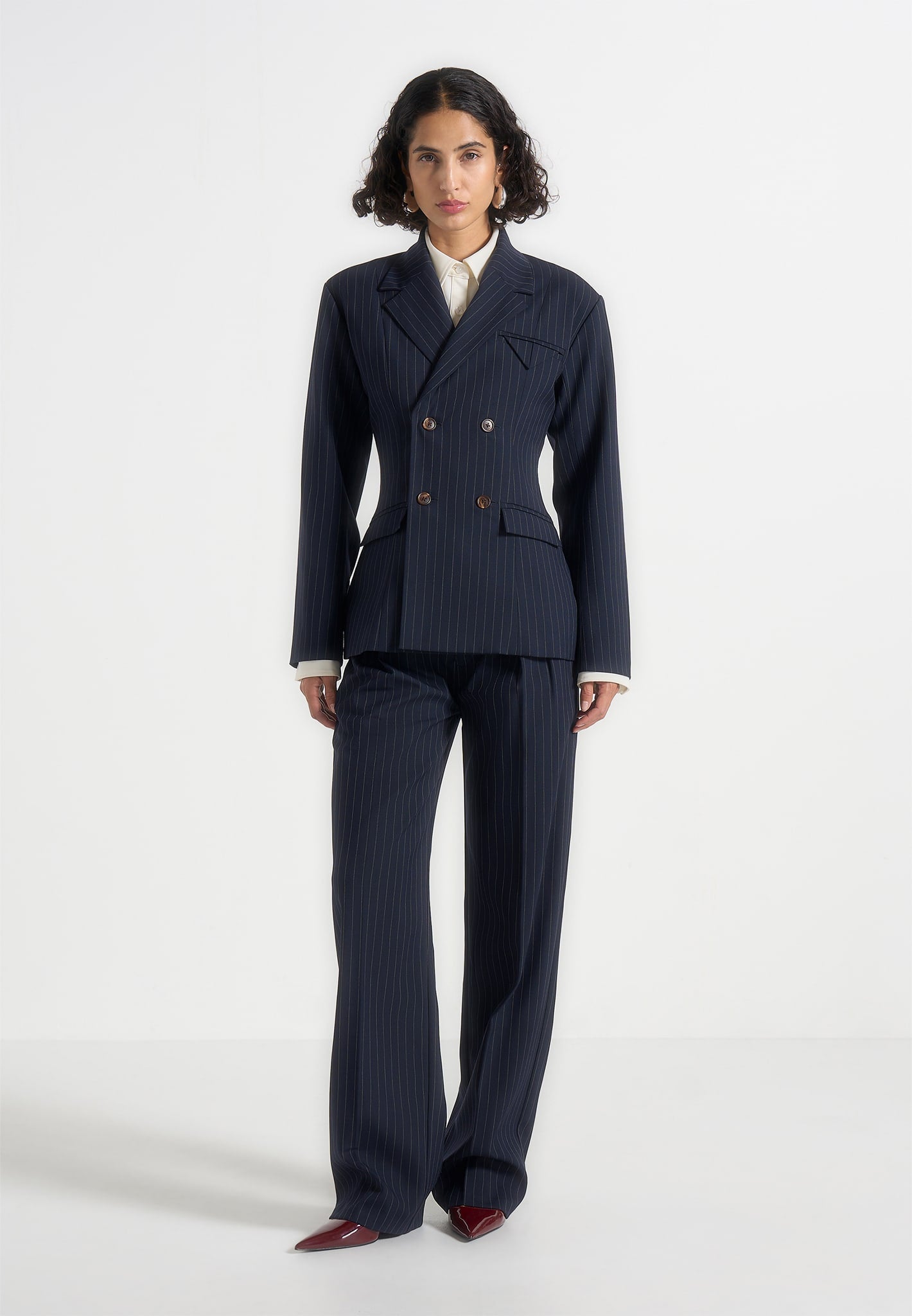 Julie - Pinstripe Twin Pleat Tailored Trousers - Navy 