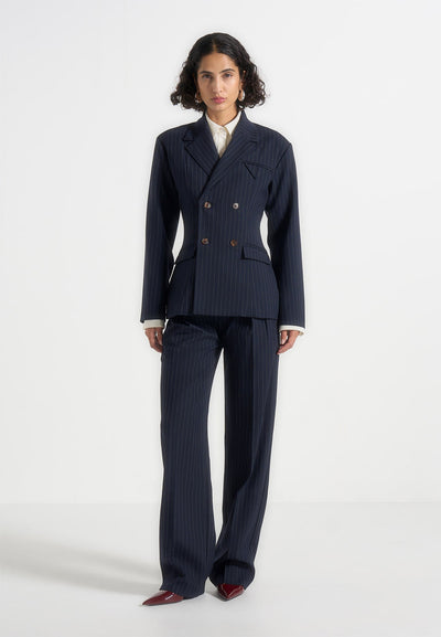 Julie - Pinstripe Twin Pleat Tailored Trousers - Navy