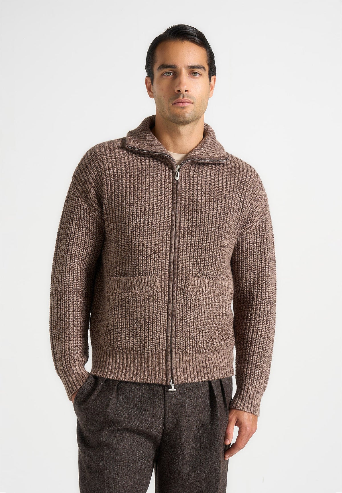 Jamie - Unisex Speckled Zip Through Jacket - Taupe