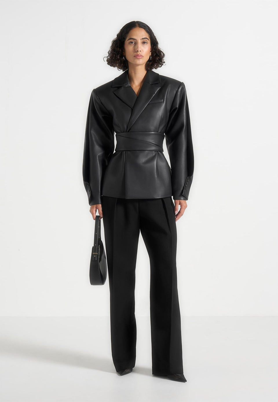 marie-twist-sleeve-leather-blazer-with-belt-black