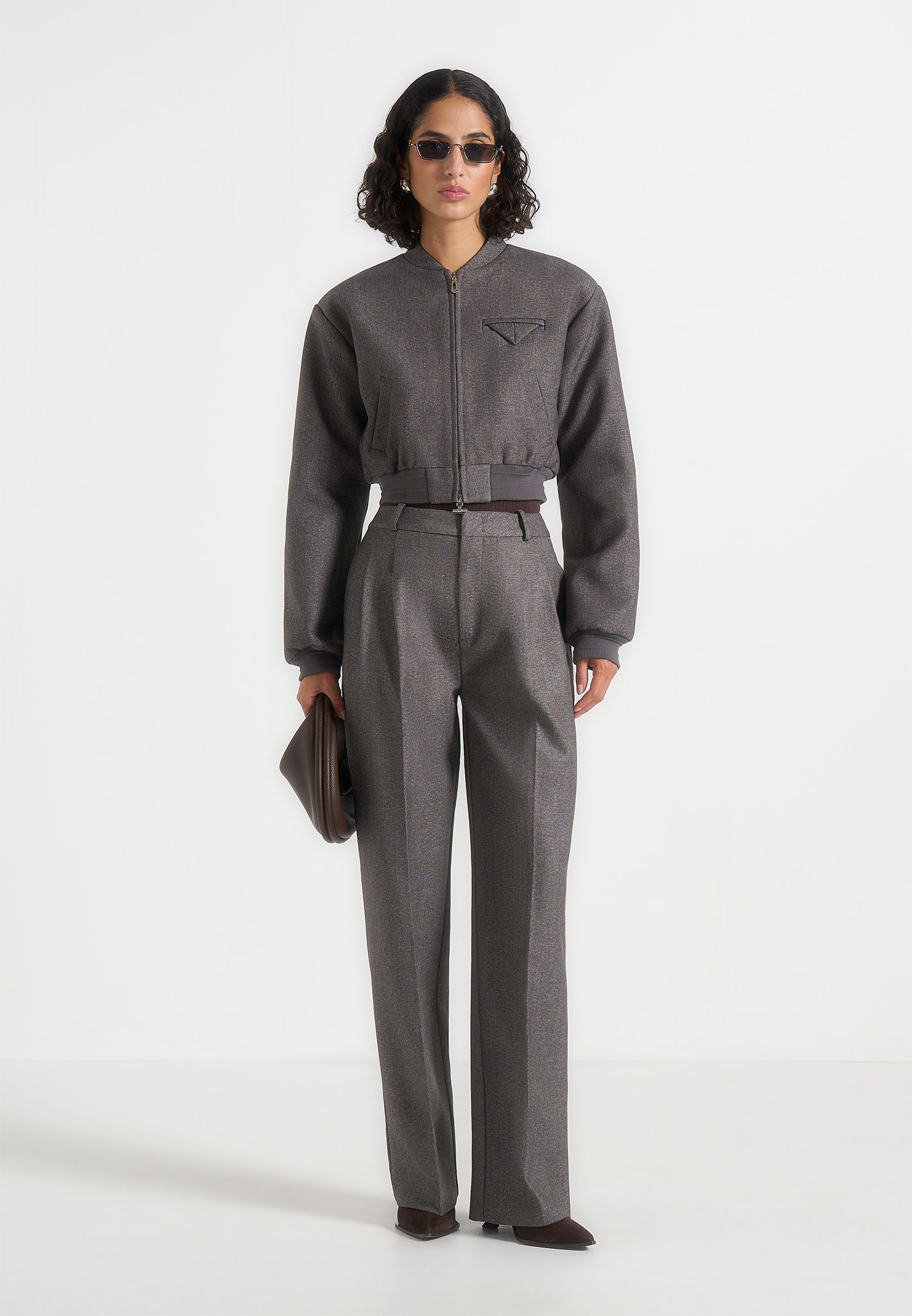 Monique - Tailored Wide Shoulder Bomber Jacket - Grey Speckle 