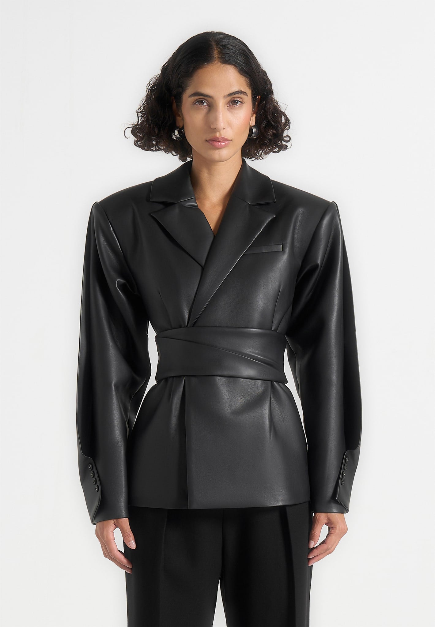 marie-twist-sleeve-leather-blazer-with-belt-black