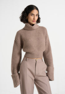 Amaya - Roll Neck Knit Sweater With Cuffs - Taupe